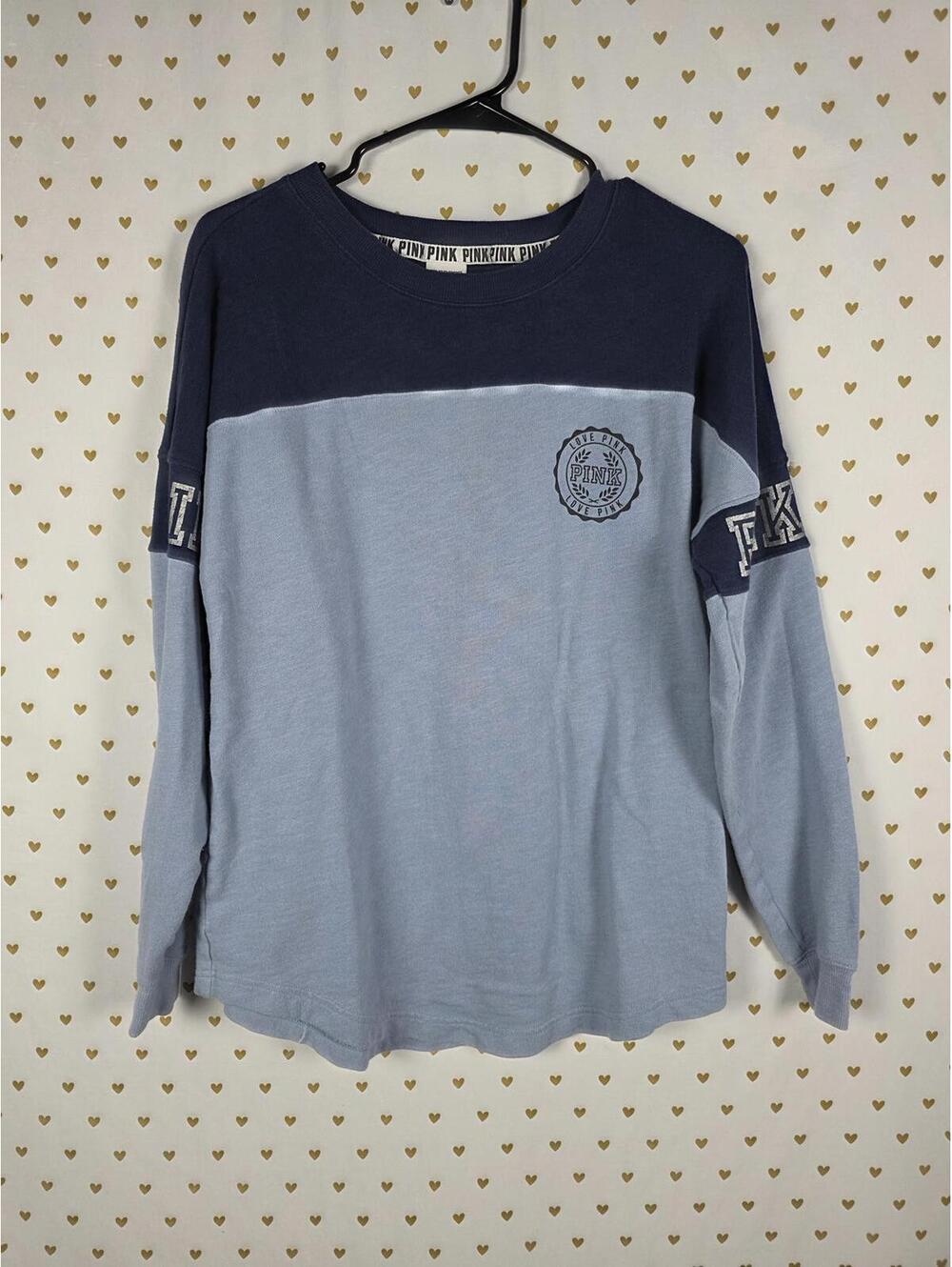 Victorias Secret Pink Logo Colorblock Blue Crew Sweater Shirt Oversized XS